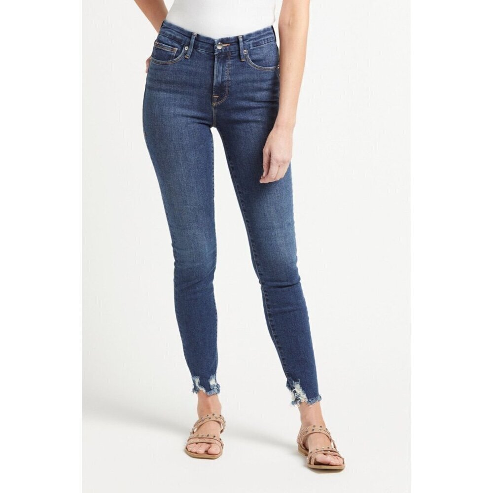 Good American Good Legs Skinny Jeans Dark‎ Wash Distressed Chewed Hem Size 00/24